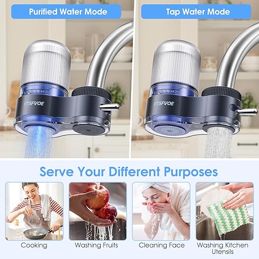Faucet Mount Water Filter for Kitchen Sink - Dual Mode Water Outlet, Water Filter for Sink Faucet Reduces Chlorine, Limescale, Heavy Metals & Bad Taste with 2 Replacement Filter
