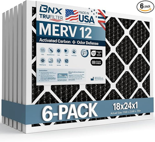 BNX TruFilter 18x24x1 MERV 12 Odor Defense (6-Pack) AC Furnace Air Filter with Activated Carbon - MADE IN USA - Pleated Air Conditioner HVAC AC Furnace Filters - Removes Odor, Mold, Bacteria, Smoke