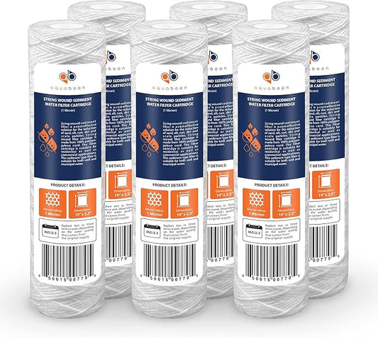 Aquaboon Whole House 1 Micron String Wound Water Filter 10 x 2.5 Cartridge for Well Water Filter Replacement Compatible with WHKF-WHSW, AP110, 6-Pack