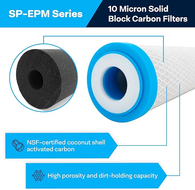 SpiroPure SP-EPM-20 20x2.5 10 Micron NSF Certified Coconut Shell Carbon Block Water Filter Cartridge EPM-20 155635-43 CB-25-2010 (Case of 6)