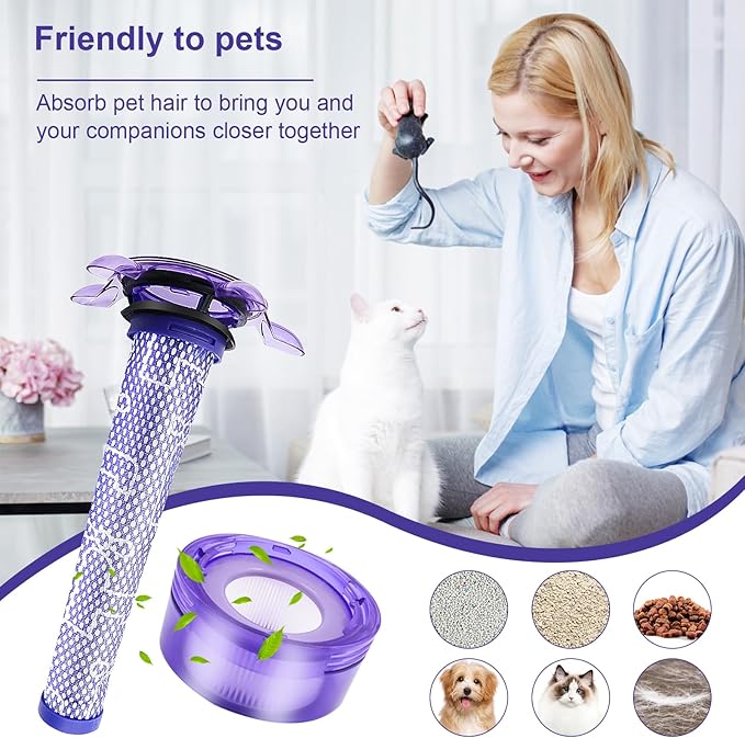 Upgraded V8 Cordless Vacuum Cleaner Filter for Dyson V8 Animal and V8 Absolute Cordless Vacuum, 4 Pre-Filters, 4 Post-Filters, 1 Brush, Compare to Part 965661-01 & 967478-01