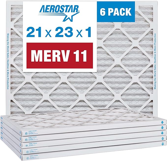 Aerostar 21x23x1 MERV 11 Air Filter, Pleated AC Furnace HVAC Filters (20.875x22.875x0.75), for Allergies Asthma Dust Pet Dander Smoke Bacteria Viruses, MPR 1500 FPR 10, USA, 6 Pack