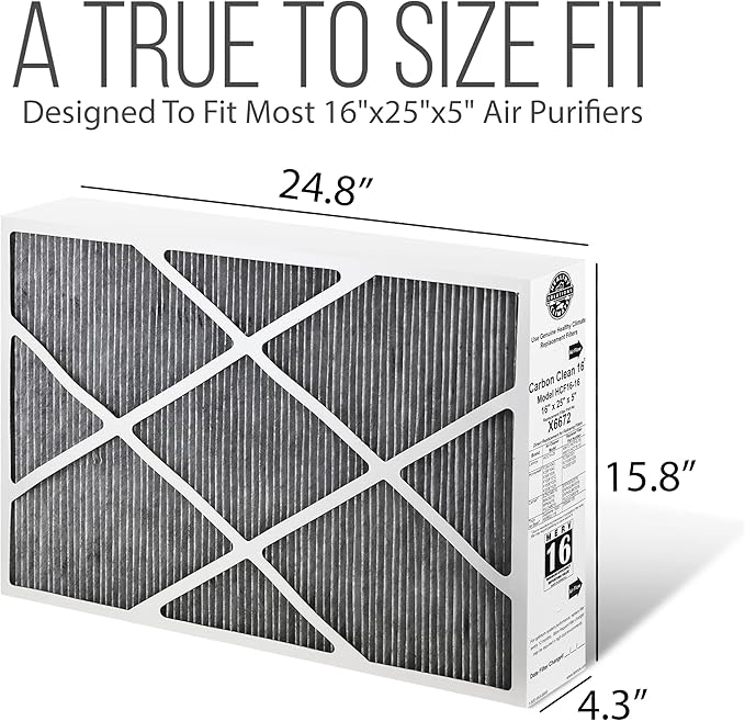 Lennox 16x25x5 Furnace Filter, X6672 Filter Replacement, Merv 16 Carbon Clean with Homequip Disposal Bag 5-Pack (Actual Size: 15.8 x 24.8 x 4.3 Inches)