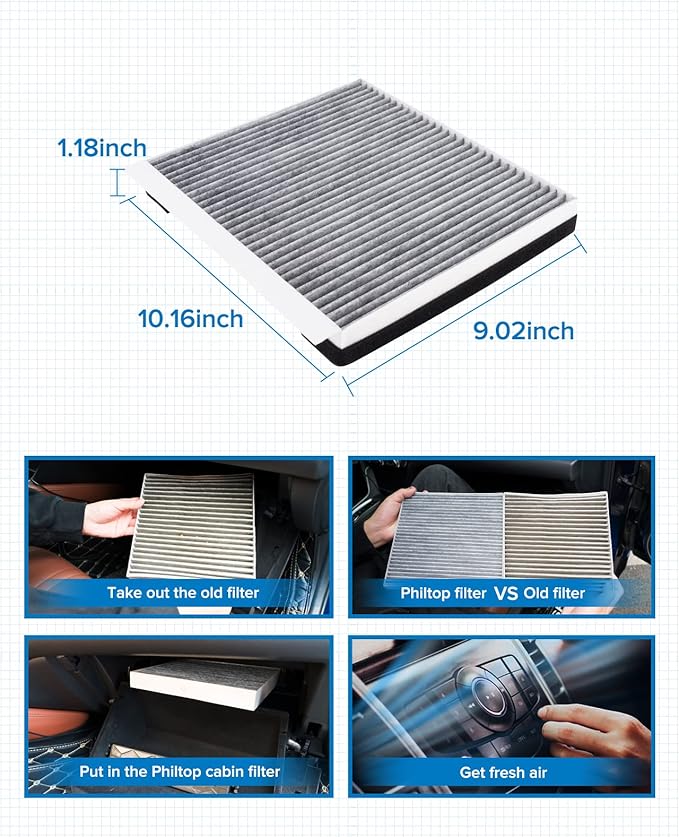 PHILTOP Cabin Air Filter w/Activated Carbon, Compatible with CF10735 Kia Telluride 2020-2025, Hyundai Santa Fe 2019-2020, Genesis 2009-2016, Genesis GV70 2022-2026, Filter Up Dust Pollen Odor