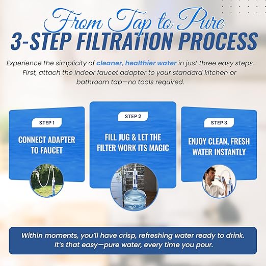 EZ Jug Water Filtration Kit with Indoor Faucet Adapter – Filter & Fill 5-Gallon Jugs from Any Standard Indoor Faucets with Removable Aerators | Reduces Chlorine, Lead, Cysts & VOCs