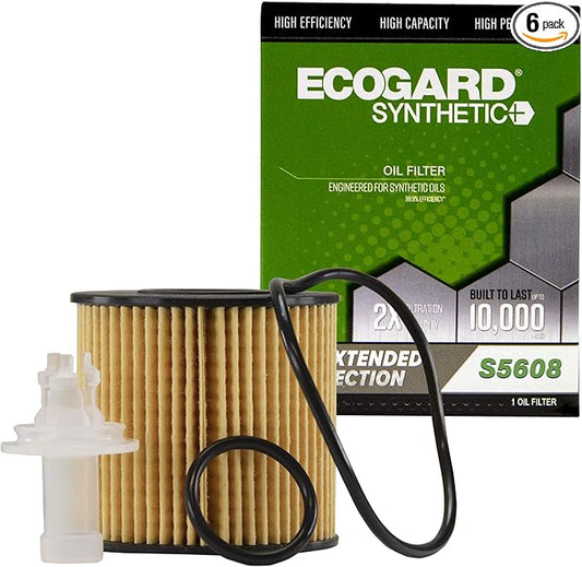 ECOGARD S5608 Premium Cartridge Engine Oil Filter for Synthetic Oil Fits Toyota Camry 2.5L 2010-2017,RAV4 2.5L 2009-18, Highlander 3.5 L 2008-21, Sienna 3.5L 2007-20, Tacoma 3.5L 2016-21 (Pack of 6)