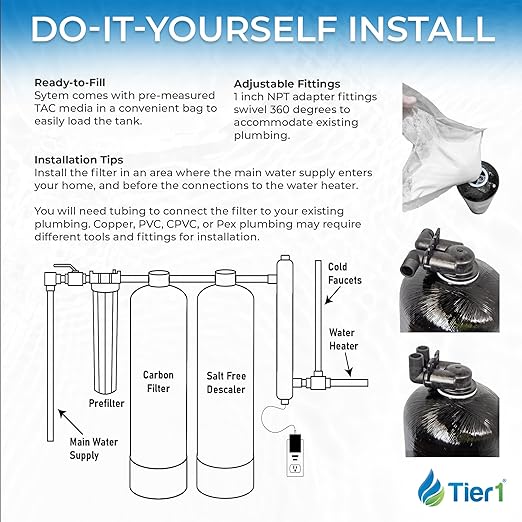 Tier1 Water Softener Alternative | Salt-Free Water Conditioner | TAC Scale Prevention | 900,000 Gallon Capacity, 8-9 Year Life | Whole House Water Filtration System