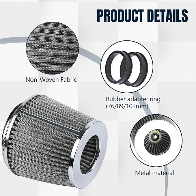 Hovom Universal Clamp-On Air Intake Filter, 76 89 102MM (3/3.5/4in) High Flow Round Tapered Cold Air Intake Filter, High Performance, Washable & Reusable, Engine Filters Replacement (Silver)