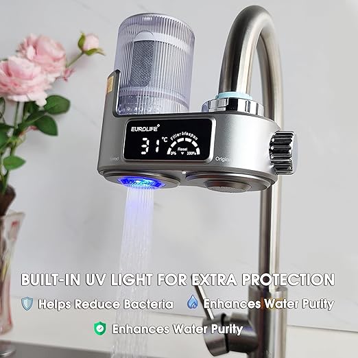 Faucet Mount Water Filter with UV Light & LED Indicator, 8-Stage Carbon Filtration for Clean Drinking Water, Includes 2 Extra Replacement Filters – Model EL-LS-A21 (Gray Color)