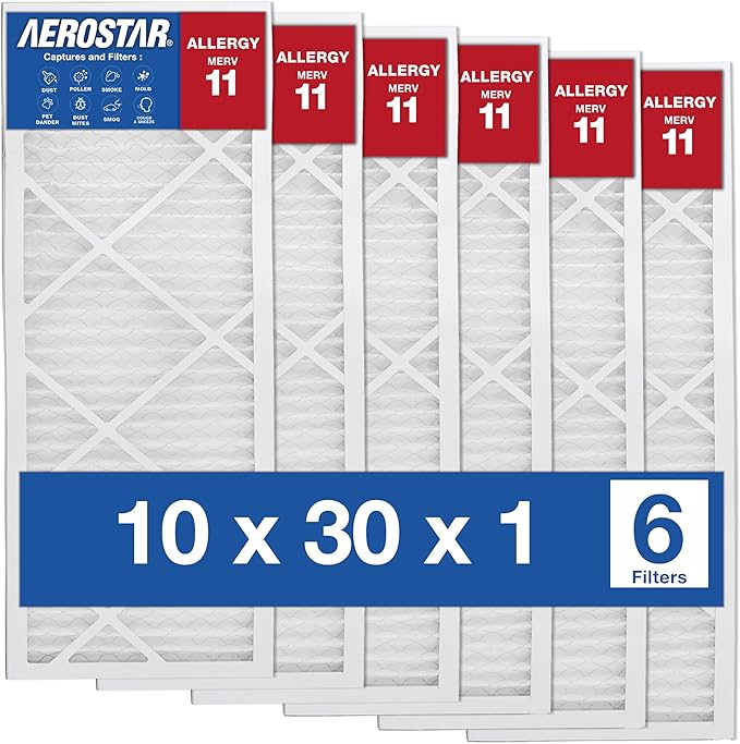 Aerostar 10x30x1 MERV 11 Air Filter, Pleated AC Furnace HVAC Filters (10x30x0.75), for Allergies Asthma Dust Pet Dander Smoke Bacteria Viruses, MPR 1500 FPR 10, USA, 6 Pack