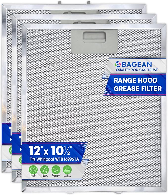 Bagean Range Hood Filter Replacement 12" x 10.5" W10169961A Compatible with Whirlpool Stove Hood Vent Filter - Aluminum Screen for Kitchen Overhead Exhaust Fan Blocks Grease & Filters Oven Air (3-Pk)