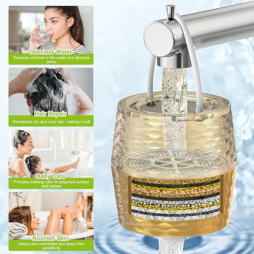 Bath Filter for Tub - KDF-55 Bath Water Filter for Tub Faucet, Removes Most Chlorine, Lead, Fluoride and Heavy Metals | Hard Water Softener, Improves Skin, Hair and Nails (Gold)