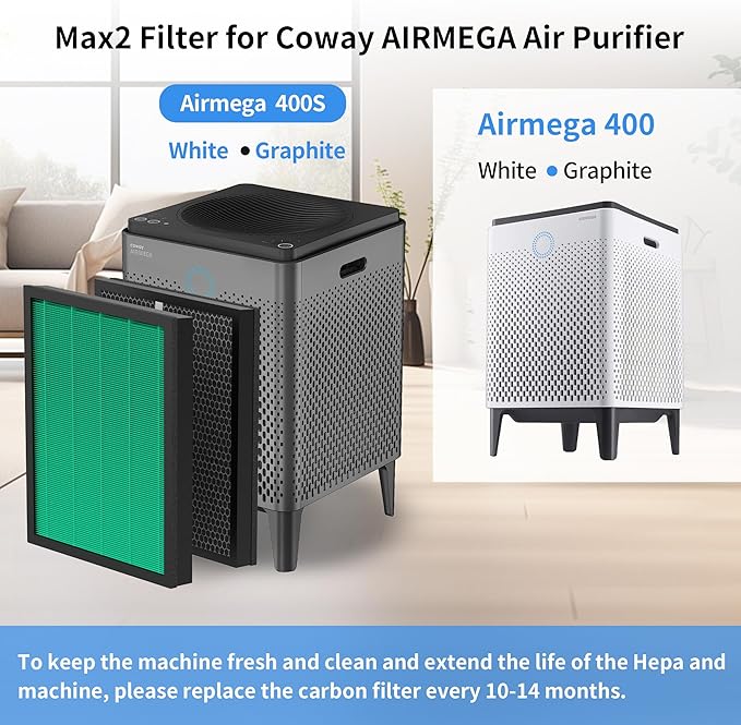 Airmega 400/400S Replacement Filter Fits for Coway Airmega Max2 400 400S Air Purifier, 2-in-1 Max2 Green True HEPA and Active Carbon Filter 2 Sets, AP-2015-FP 4 Pack