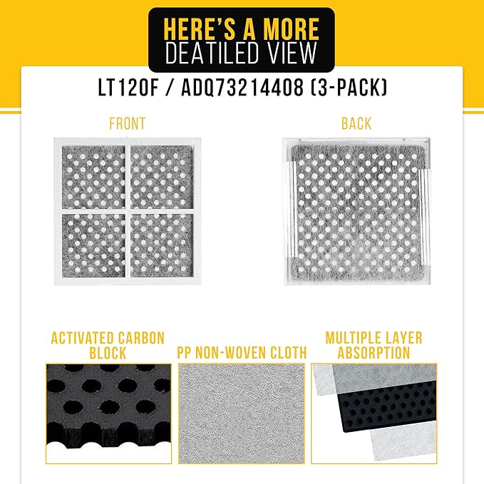 PartsBroz LT120F Refrigerator Air Filter 3-Pack for ThinQ LG Refrigerator Air Filter Replacement, Kenmore Elite Fridge Fresh Filters 46-9918 469918 9918 ADQ73214408 ADQ73214404 ADQ73214402 LMXS30776S