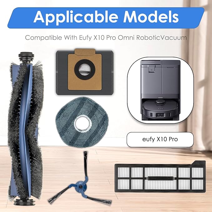 (11 Pack) X10 Pro Omni Replacement Parts Compatible With Eufy X10 Pro Omni Robot Vacuum Cleaner, Accessories Kit, 1 Roller Brush, 2 Side Brushes, 3 Dust Bags, 3 HEPA Filters, 2 Mop Pads