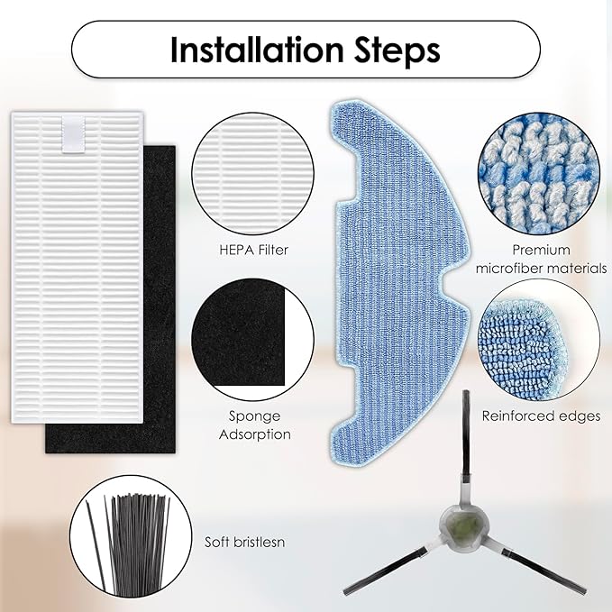 (18 Pack) M330 Pro Replacement Parts Compatible with Lefant M330/ M330 Pro Robot Vacuum Cleaner, 8 Side Brushes, 8 HEPA Filters with Foam Filters, 2 Mop Pads, Accessories Kit