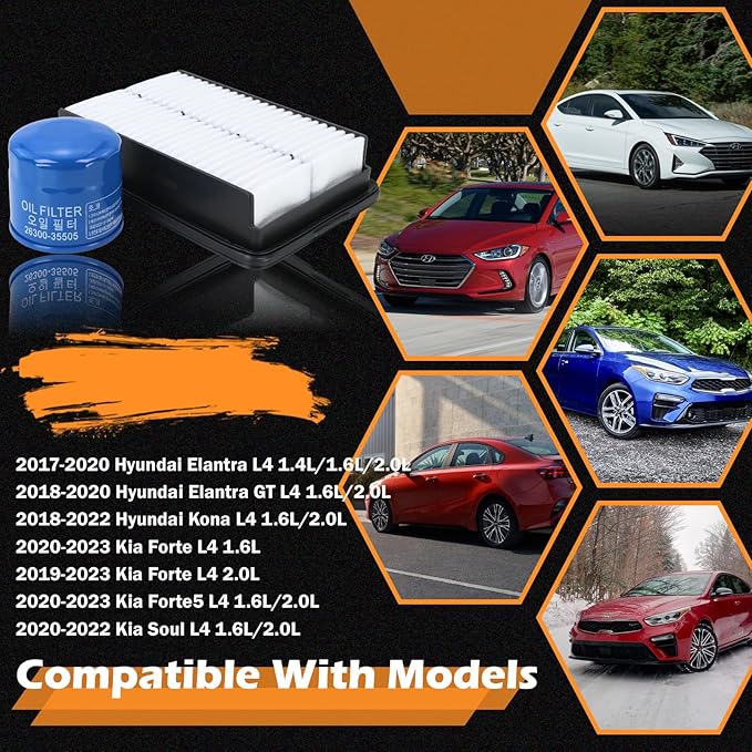 Kefly 28113-F2000 Engine Air Filter & 26300-35505 Oil Filter Fits for 2017-2020 Hyundai Elantra, 2018-2022 Kona, 2019-2023 Kia Forte, 2020-2023 Forte5, 2020-2022 Soul