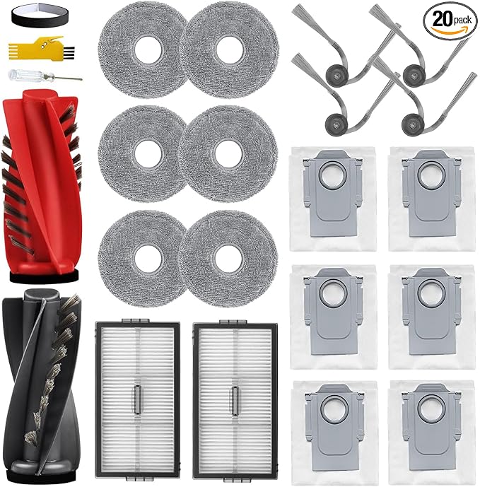 Saros 10R Accessories for roborock Saros 10R / Qrevo CurvX / G20S Ultra Robot Vacuum Cleaner 20 Packs 1 Main Brush, 2 Filters, 4 Side Brushes, 6 Mop Cloths, 6 Bags, 1 Bumper Stripe