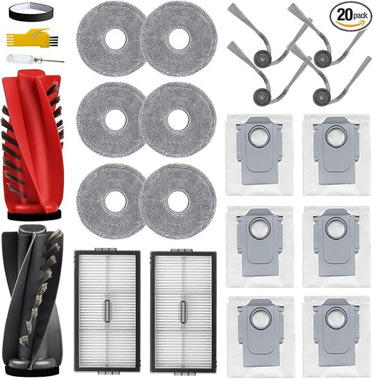 Saros 10R Accessories for roborock Saros 10R / Qrevo CurvX / G20S Ultra Robot Vacuum Cleaner 20 Packs 1 Main Brush, 2 Filters, 4 Side Brushes, 6 Mop Cloths, 6 Bags, 1 Bumper Stripe