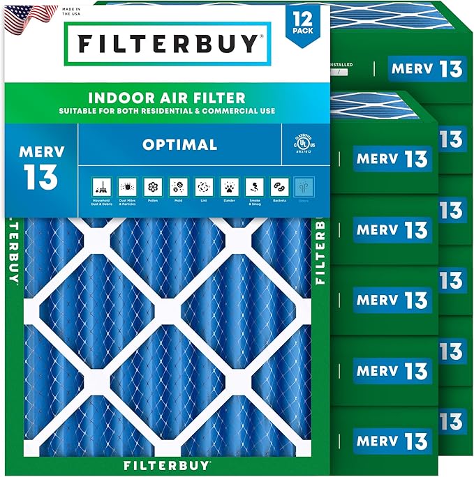 Filterbuy 14x20x4 Air Filter MERV 13 Optimal Smoke & Allergy Defense (12-Pack), Electrostatic Pleated HVAC AC Furnace Filters Replacement (Actual Size: 13.50 x 19.50 x 3.63)