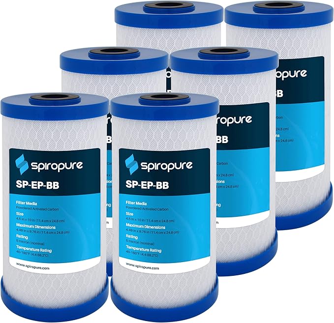 SpiroPure SP-EP-BB 10x4.5 5 Micron NSF Certified Coconut Shell Carbon Block Water Filter Cartridge EP-BB 155548-43 CB-45-1005 (Case of 6)
