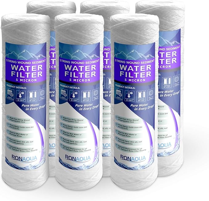 Ronaqua Wound String 5 Micron Sediment Water Filter Cartridges 10 Inc. x 2.5 Inc. A Replacement for Any RO System WELL-MATCHED with PFC4002, RS2-DS, WP5, WFPFC4002, 43235-76350 (6 Pack)