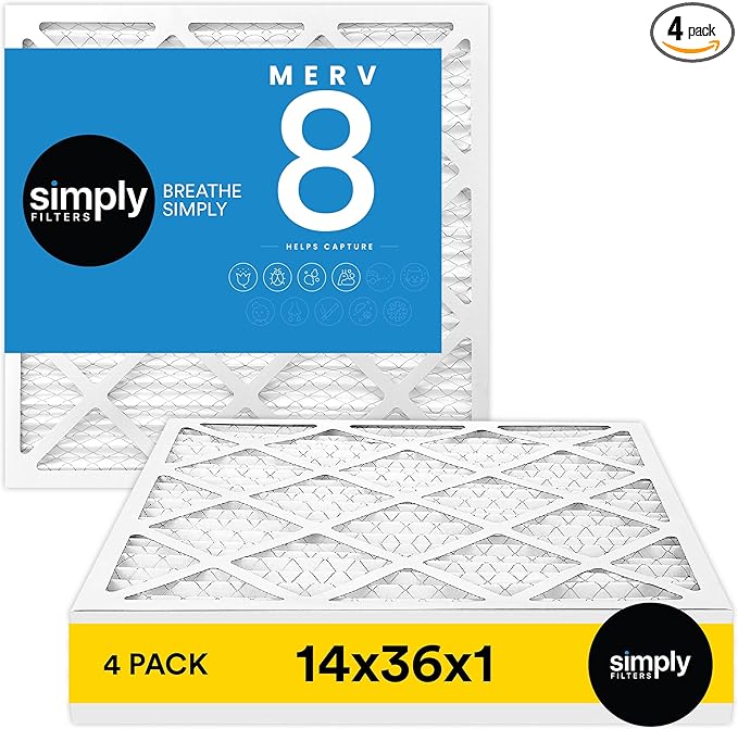 Simply 14x36x1 Air Filter, Merv 8, 4 Pack, For Home AC Furnace & HVAC (Actual Size: 13.75"x35.75"x0.75") DUST, Pet, & Allergy Control