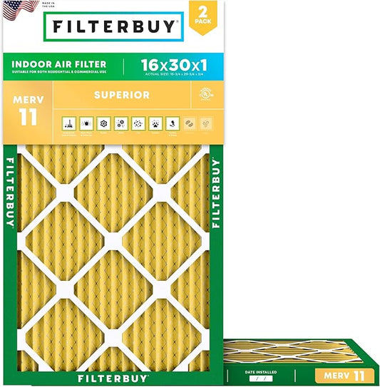 Filterbuy 16x30x1 Air Filter MERV 11 Superior Pet & Allergy Defense (2-Pack), Electrostatic Pleated HVAC AC Furnace Filters Replacement (Actual Size: 15.75 x 29.75 x 0.75)