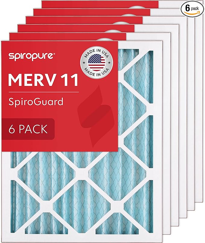 SpiroPure 14x17.5x2 MERV 11 Pleated Filter Air Filters - Made in USA (6 Pack)