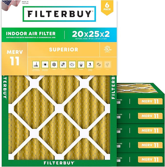 Filterbuy 20x25x2 Air Filter MERV 11 Superior Pet & Allergy Defense (6-Pack), Electrostatic Pleated HVAC AC Furnace Filters Replacement (Actual Size: 19.50 x 24.50 x 1.75)
