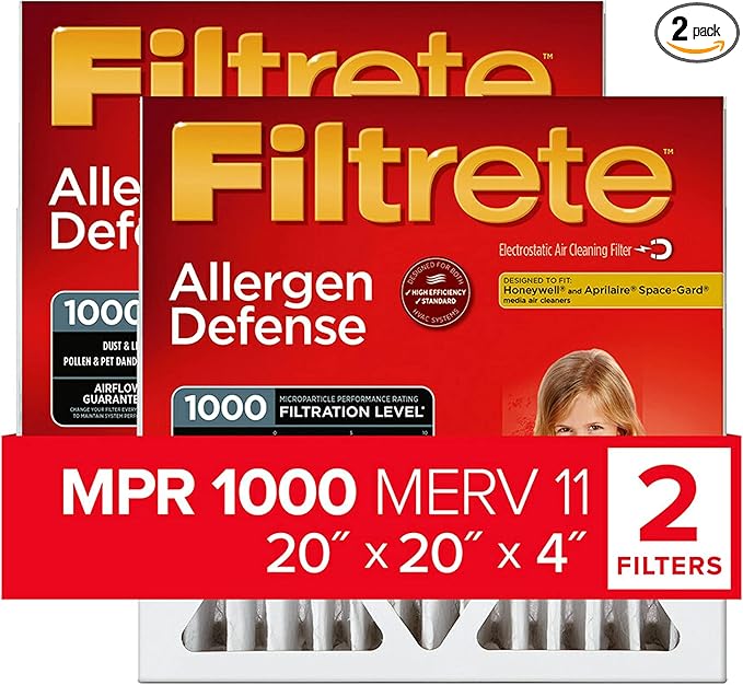 Filtrete 20x20x4, AC Furnace Air Filter, MPR 1000 DP, Micro Allergen Defense Deep Pleat, 2-Pack (actual dimensions 19.88 x 19.88 x 4.31)