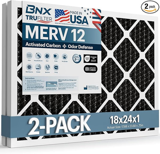 BNX TruFilter 18x24x1 MERV 12 Odor Defense (2-Pack) AC Furnace Air Filter with Activated Carbon - MADE IN USA - Pleated Air Conditioner HVAC AC Furnace Filters - Removes Odor, Mold, Bacteria, Smoke