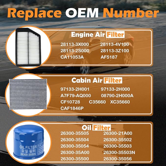 28113-3X000 Engine Air Filter & 26300-35505 Oil Filter & CF10728 Cabin Air Filter Fits for 2011-2016 Hyundai Elantra 2014-2018 Kia Forte