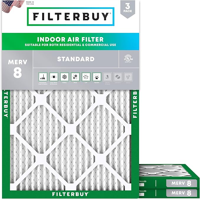 Filterbuy 12x16x1 Air Filter MERV 8 Essential Dust & Allergy Defense (3-Pack), Electrostatic Pleated HVAC AC Furnace Filters Replacement (Actual Size: 11.50 x 15.50 x 0.75)