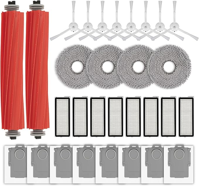 (30 Pack) QRevo S Accessories Replacement Parts for Roborock Qrevo S, Qrevo Pro, Qrevo MaxV, QRevo Plus Robot Vacuum, 2 Roller Brushes, 8 White Side Brushes, 8 Dust Bags, 8 HEPA Filters, 4 Mop Pads