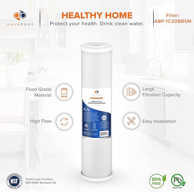 Aquaboon 5 Micron 20 x 4.5 Whole House Water Filter Replacement Cartridge Carbon Block Chlorine Reduction for 1-Stage Water Filtration System 2 Pack