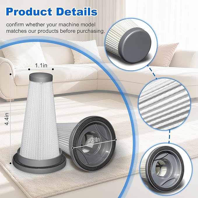 6 Pack T350 HEPA Filter Attachment Replacement Compatible with Trucozie T350 Cordless Lightweight Stick Vacuum Cleaner, 6 HEPA Filters, 1 Cleaning Brush