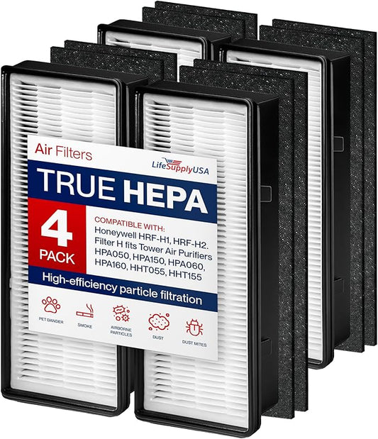 Filter H HEPA Filter Replacement Compatible with Honeywell HRF-H1 HRF-H2 HPA050 HPA150 HPA060 HPA160 HHT055 HHT155 Air Purifiers by LifeSupplyUSA (4 Hepa + 8 Carbon)