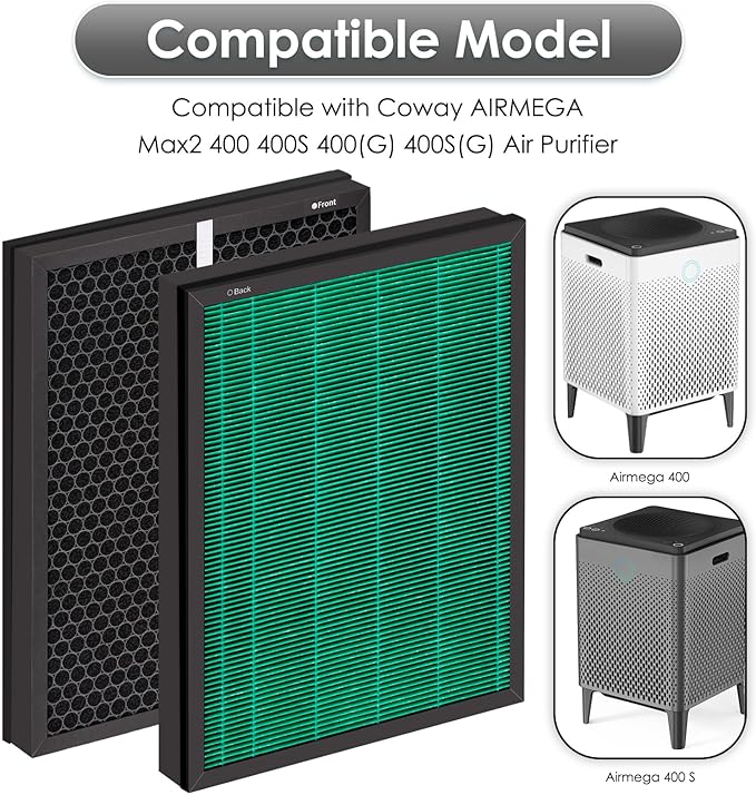 4 Pack 400/ 400S Replacement Filter Set for Coway Airmega 400 Air Purifier, Max2 400 400S 400(G) 400S(G), Max2 Green True and Active Carbon Filters, AP-2015-FP, 2 Set, Part# 3111735