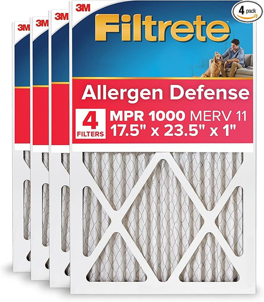 Filtrete 17.5x23.5x1 AC Furnace Air Filter, MERV 11, MPR 1000, Micro Allergen Defense, 3-Month Pleated 1-Inch Electrostatic Air Cleaning Filter, 4 Pack (Actual Size 17.19x23.19x0.81 in)