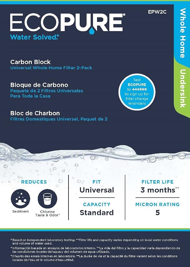 EcoPure EPW2C Carbon Whole Home Replacement Water Filter - Universal Fit - Fits Most Major Brand Systems (8 pack)