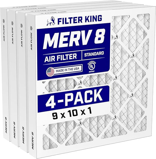 Filter King 9x10x1 Air Filter (MERV 8) (4-Pack) Dust & Allergy Control AC Furnace Filters, MADE IN USA, HVAC, Pleated, Electrostatic (Actual Size: 9 x 10 x .75)