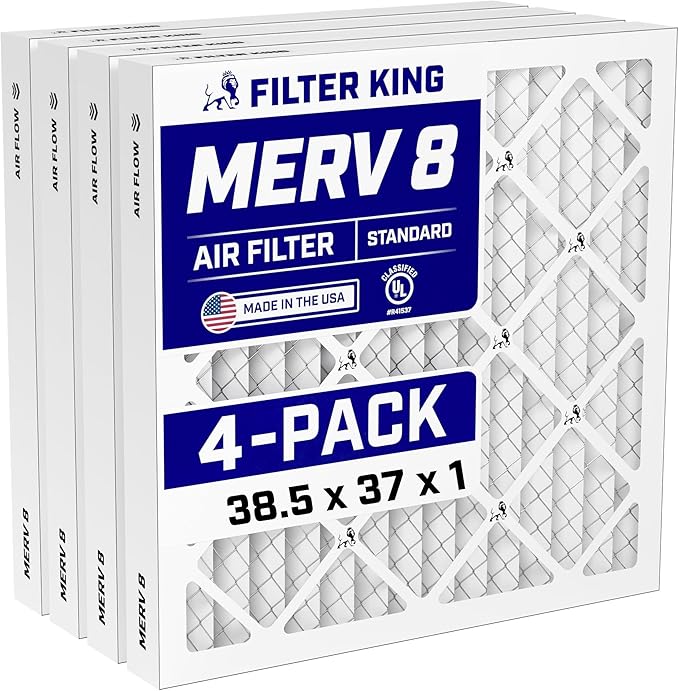 Filter King 38.5x37x1 Air Filter (MERV 8) (4-Pack) Dust & Allergy Control AC Furnace Filters, MADE IN USA, HVAC, Pleated, Electrostatic (Actual Size: 38.5 x 37 x .75)
