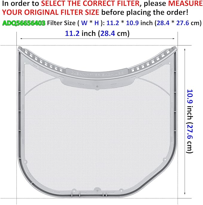 ADQ56656403 Lint Filter Replacement for LG Dryers and WashTowers, Ultra Durable Lint Screen Trap, Rim without Felt Seal, Filter Size 11.2 * 10.9 inch (28.4 * 27.6 cm)