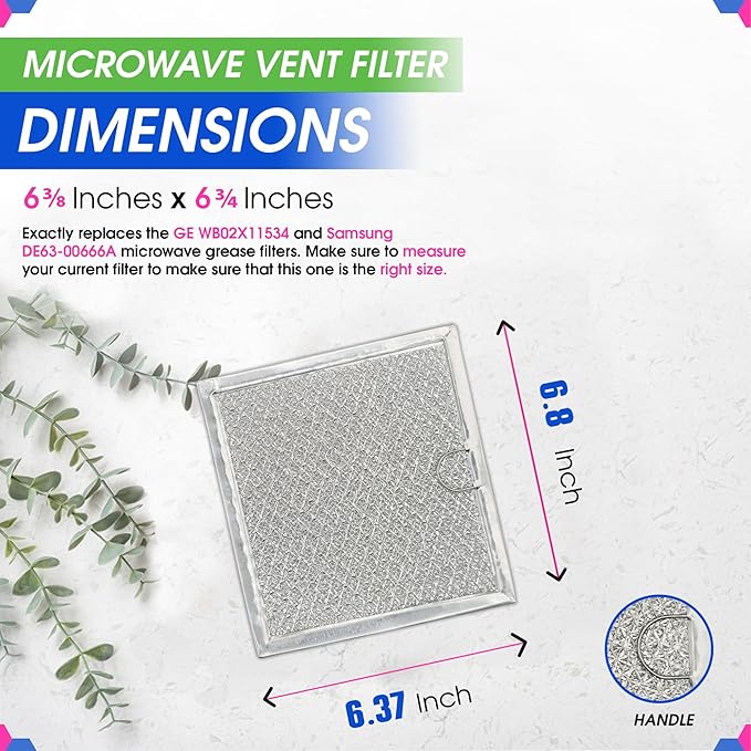 Microwave Filter replacement 6.81" x 6.34" Fits GE WB02X11534 Samsung DE63-00666A Microwave Grease Filter - Freshens and Filters Kitchen Air Entering the Over-the-Range Oven Stove Fan (1-Pack)