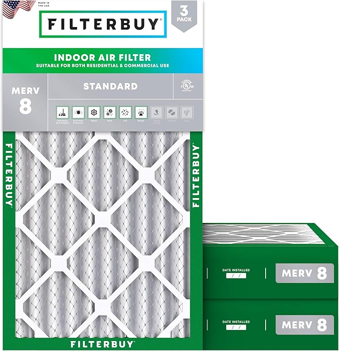 Filterbuy 12x20x4 Air Filter MERV 8 Essential Dust & Allergy Defense (3-Pack), Electrostatic Pleated HVAC AC Furnace Filters Replacement (Actual Size: 11.50 x 19.50 x 3.63)