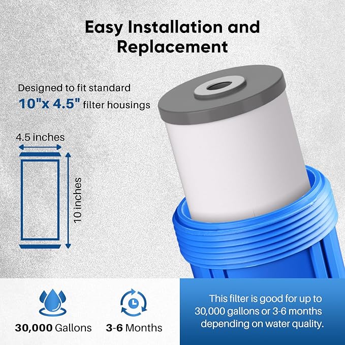 PUREPLUS 5 Micron 10" x 4.5" Whole House PP Sediment Carbon KDF Composite Heavy Metal Reduction Filter Cartridge for GE FXHTC,GXWH40L,GXWH35F,GNWH38S,Culligan RFC-BBSA,WRC25HD,Pentek RFC-BB,4Pack