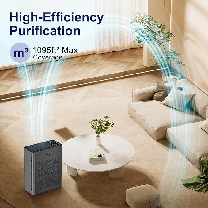 ToLife Air Purifiers for Home Large Room Up to 1295 Ft² with PM 2.8 Display Air Quality Sensor, Auto Mode, Timer, Air Purifier for Bedroom Filters Smoke, Pollen, Pet Dander, Allergies, Grey