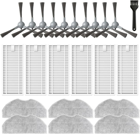 Accessories Kit for ROPVACNIC S1, for Tipdiy G90, for betboyles V75S, for VIPSUN Z1, for PrettyCare C2 Robot Vacuum Replacement Parts, 10 Side Brush, 6 HEPA Filter, 6 Mop Pad