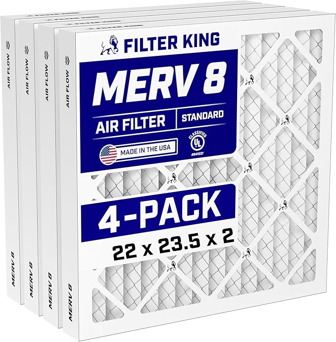 Filter King 22x23.5x2 Air Filter (MERV 8) (4-Pack) Dust & Allergy Control AC Furnace Filters, MADE IN USA, HVAC, Pleated, Electrostatic (Actual Size: 22x23.5x2)